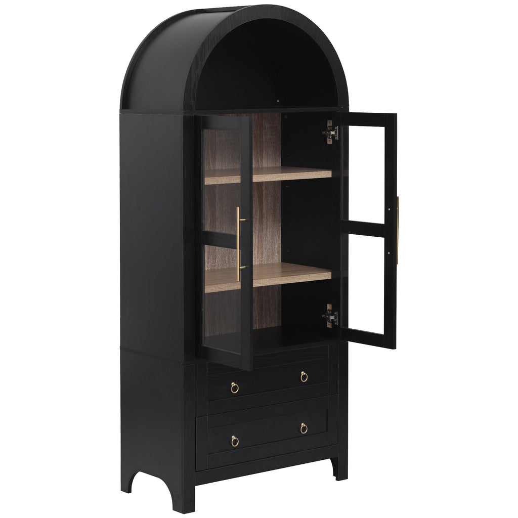 K&K 71' Tall Arched Kitchen Pantry Cabinet with 2 Large Drawers, Modern Farmhouse Kitchen Storage Cabinets with Adjustable Shelves, Glass Door, Wood Versatile Cupboard for Kitchens, Dining Room, Black - Grand Goldman Shop