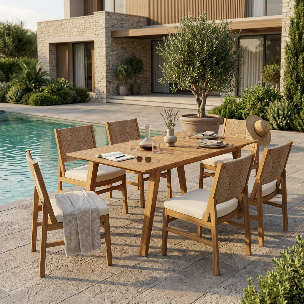 Outdoor 7-teiliges Essgruppe aus Akazienholz mit Taiga 69 Tisch und Teak-Finish, cremefarbenen Kissen, hellbraunen Korbstühlen