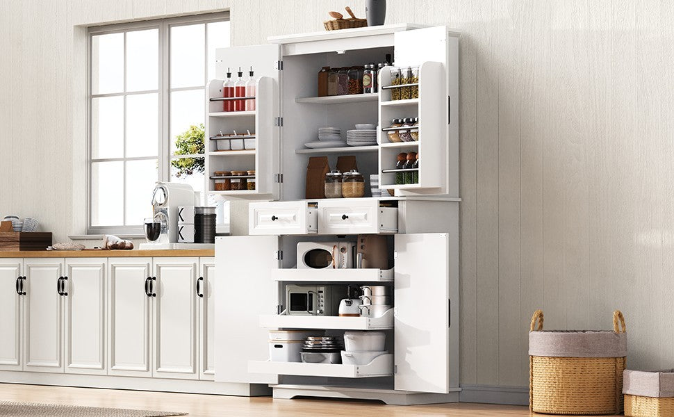 K&K 71' Tall Kitchen Pantry Cabinet with 3 Pull Out Cabinet Organizers, Farmhouse Embossed Texture Storage Cabinet with 6 Door Shelves, 2 Drawers, Freestanding Cupboard for Kitchen, Dining Room White - Grand Goldman Shop