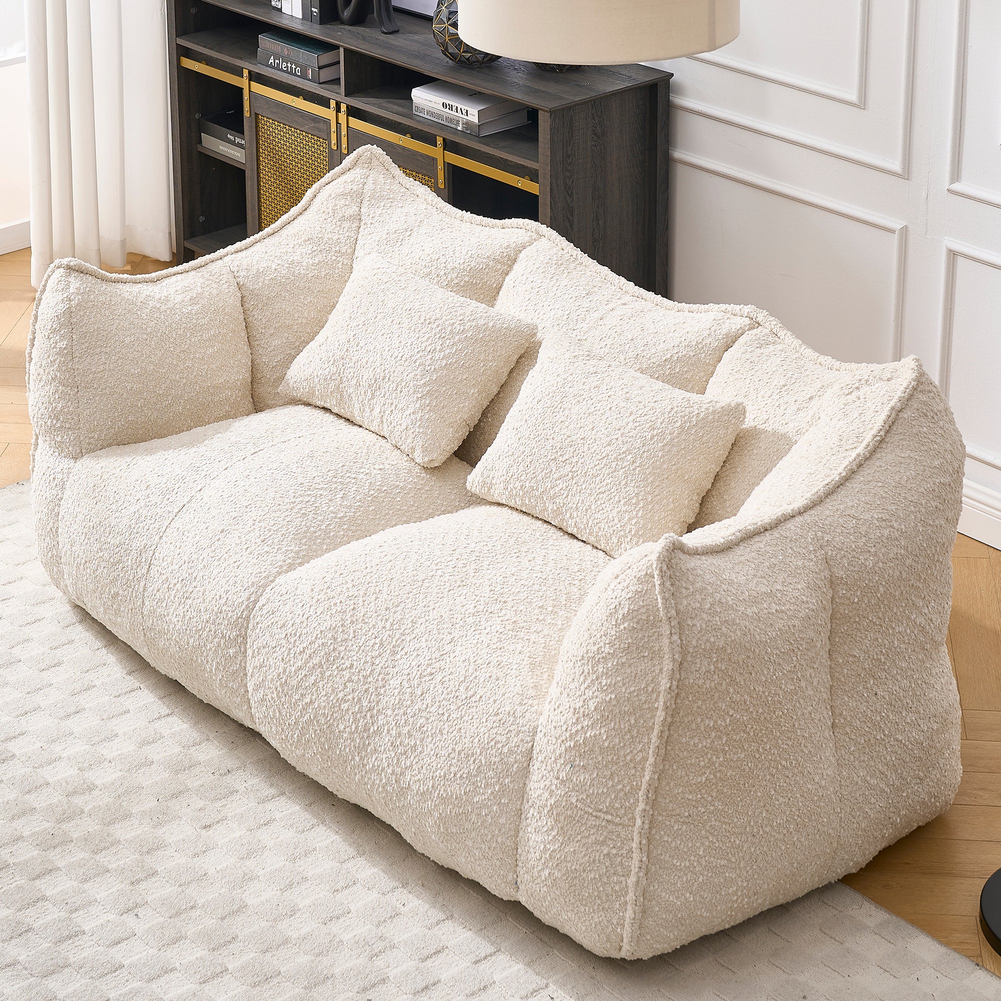 Comfortable Dual Beanbag Chair with High Resilience Foam Core for Two People in Beige Chenille - Grand Goldman Shop