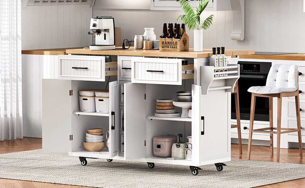 K&K 56.5'' Kitchen Island with Drop Leaf, Power Outlet, Embossed Vertical Stripe Rolling Kitchen Cart on Wheels with 4 Doors , 5 Deep Drawers and Adjustable Shelves, for Kitchen, Dining Room, White - Grand Goldman Shop