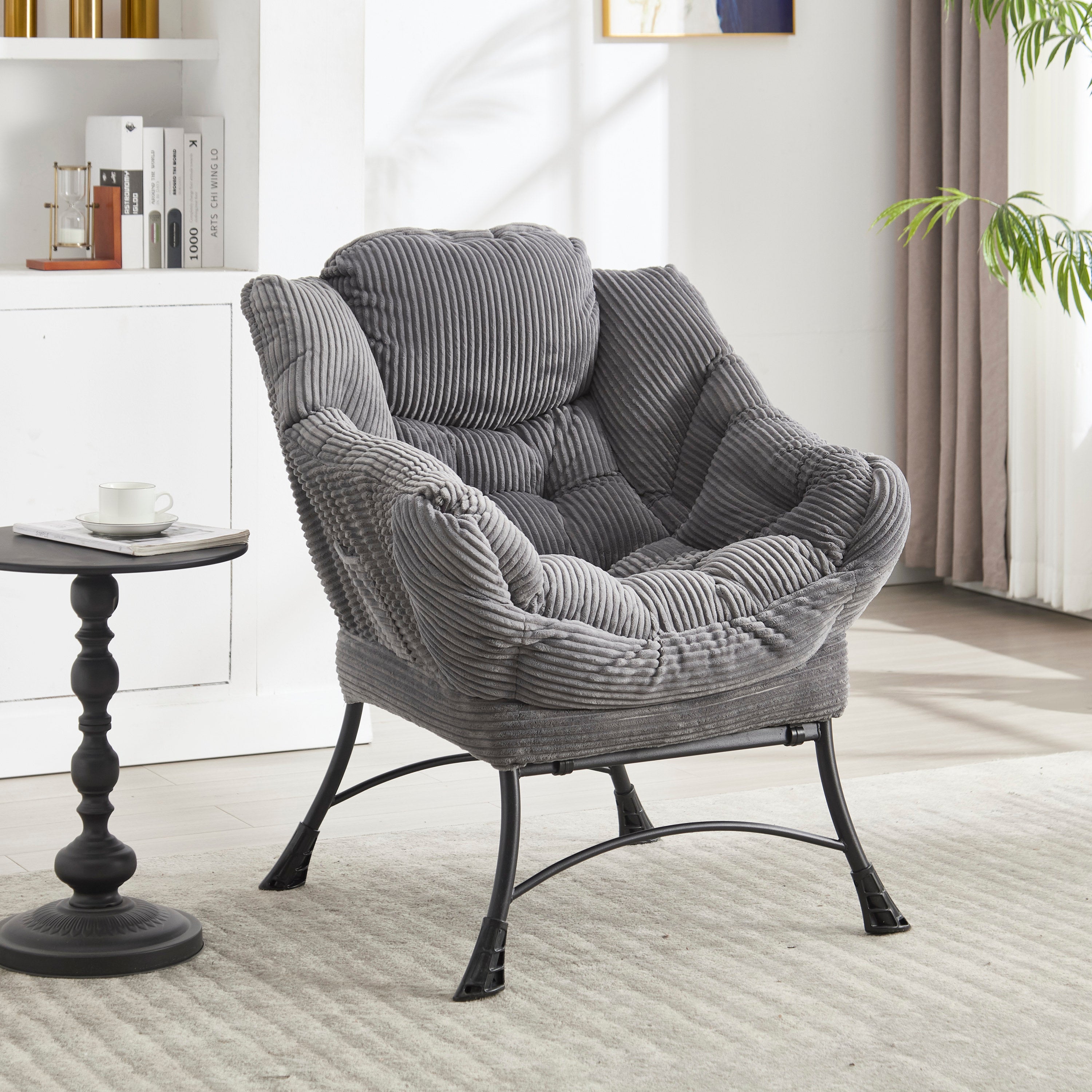 Lazy Chair with Ottoman, Modern Lounge Accent Chair with Armrests and a Side Pocket, Leisure Upholstered Sofa Chair Reading Chair with Footrest for Small Space, Corner Chair-Grey - Grand Goldman Shop