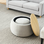 Light Grey Round Storage Ottoman, 2 in 1 Function End Table and Ottoman with Small Seat, Eucalyptus Wood and Foam - Grand Goldman Shop