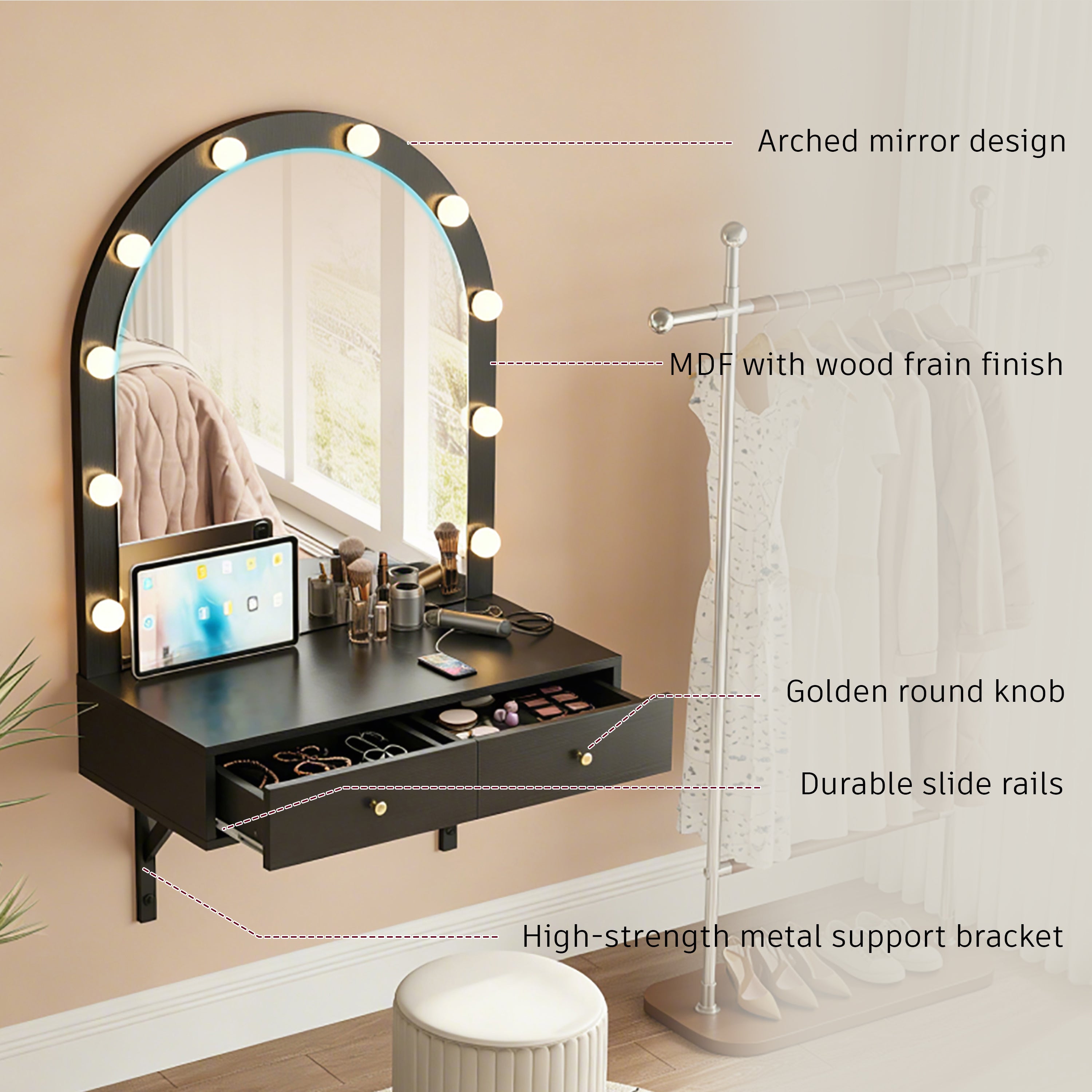 Floating Wall Mounted Makeup Vanity Desk with LED Mirror 3 Color Lights, Compact Dressing Table with Power Outlet & USB Charging, Space Saving Large Storage Vanity for Bedroom Bathroom, Black - Grand Goldman Shop
