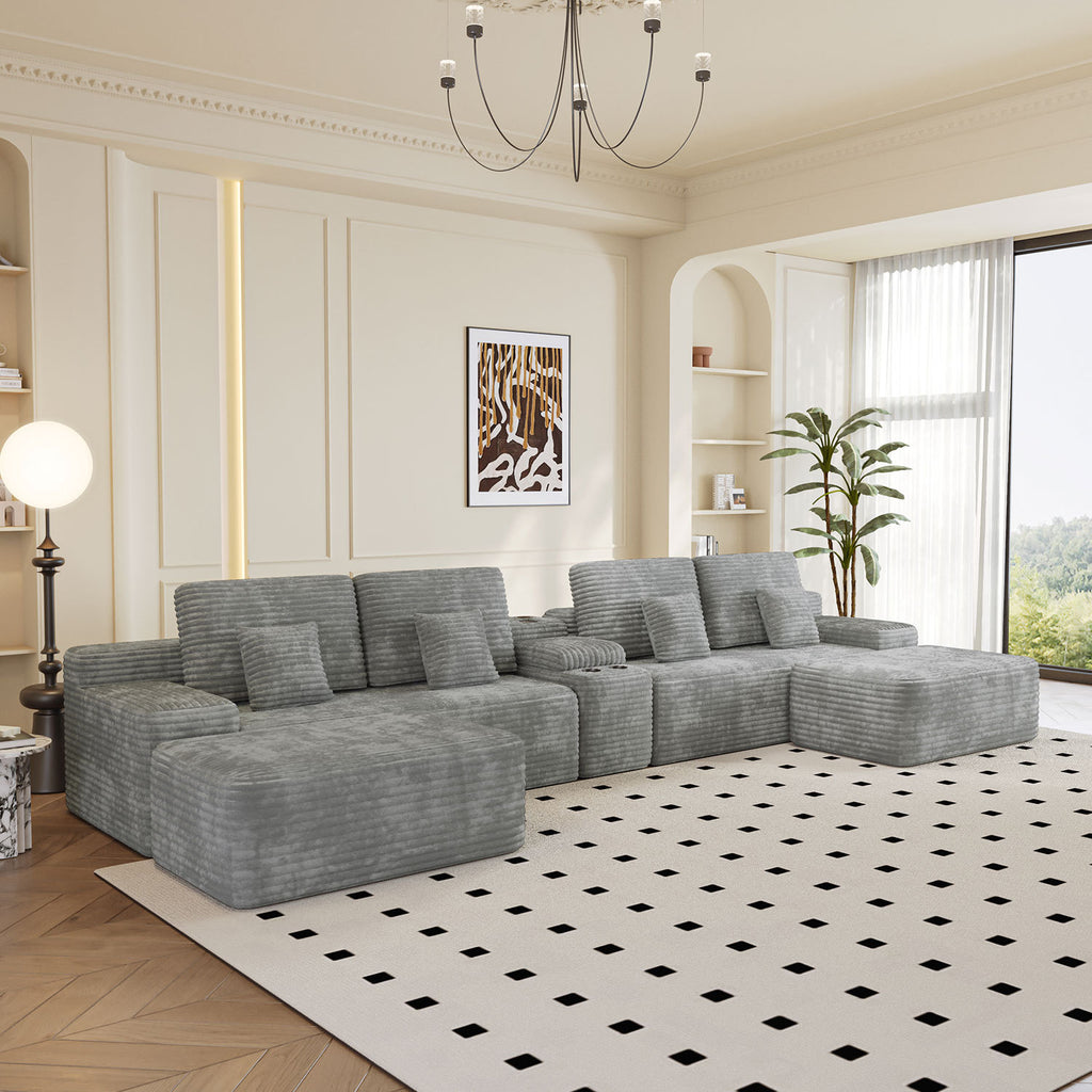 150''Width 5-piece Sectional Sofa with 2 Ottomans,Comfy U-shaped Sofa Couch for Living Room,Light Grey Plush Corduroy Fabric - Grand Goldman Shop