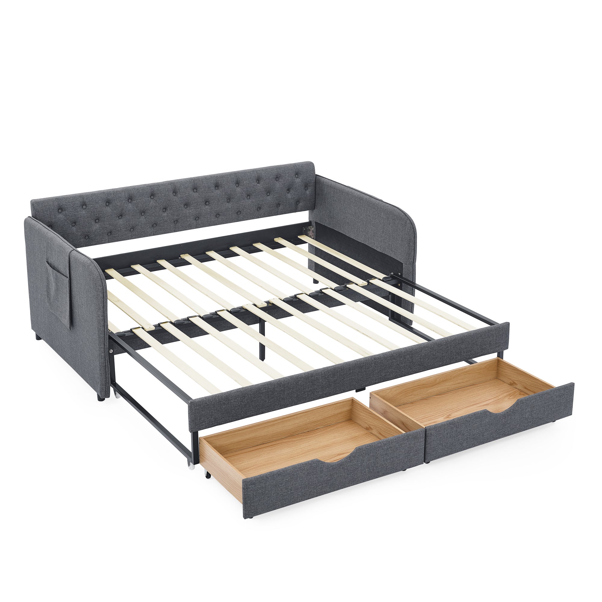 Twin Size Upholstered Daybed with Trundle and Drawers, Dark Gray Linen, Flat Arms, Extendable for Bedroom or Living Room - Grand Goldman Shop