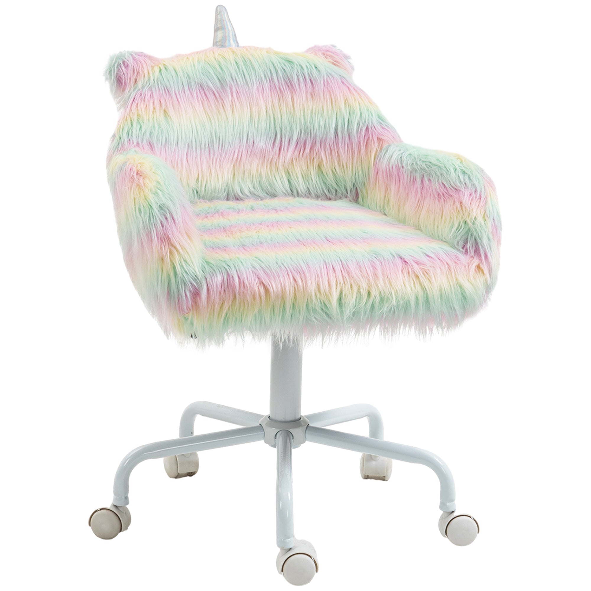 HOMCOM Fluffy Unicorn Office Chair with Mid-Back and Armrest Support, 5 Star Swivel Wheel White Base, Rainbow - Grand Goldman