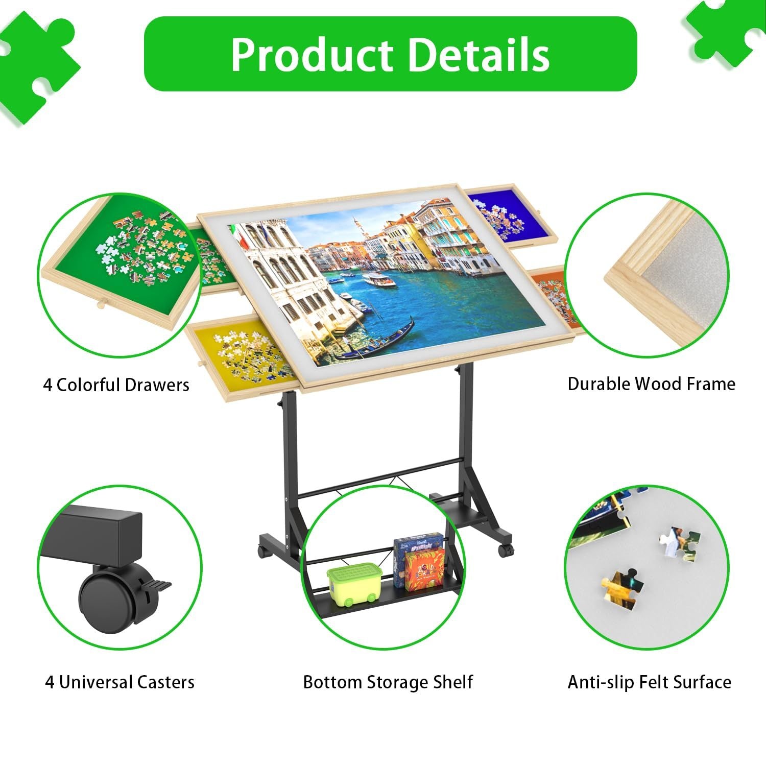 Wooden 1500 Pieces Puzzle Table with Drawer, 35'*27.17' Adjustable Puzzle Table, 360° Tilting Puzzle Table with Legs and Whee