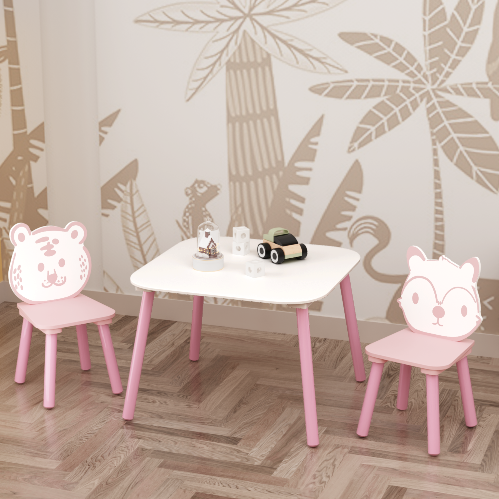Kids Table and Chair Set, 3-Piece Wooden Toddler Desk with Animal Backrest, Activity Table for Drawing, Learning,Playroom or 