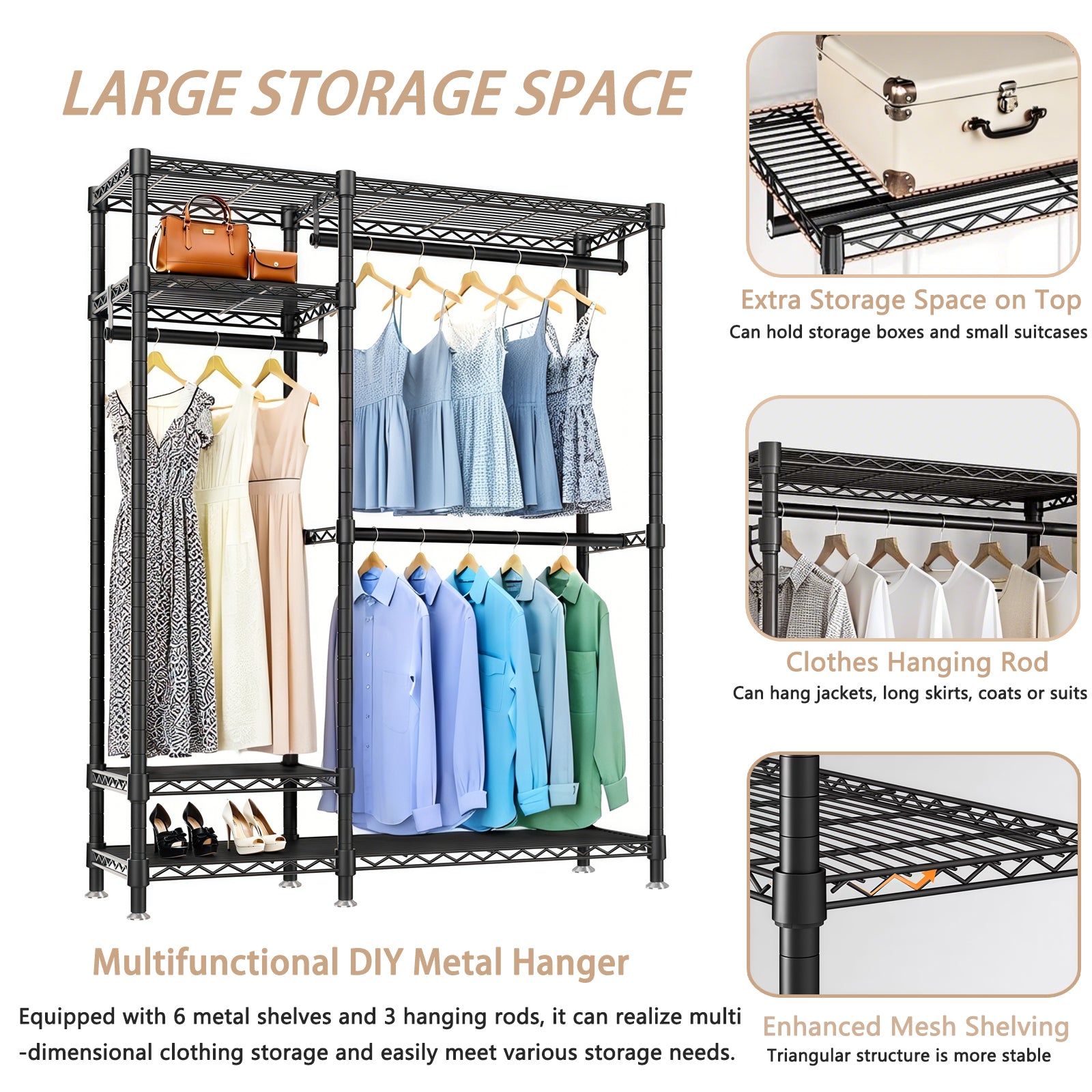 Heavy Duty Freestanding Clothes Rack, with 6 Adjustable Wire Shelves and 3 Garment Rails,Black Metal - Grand Goldman Shop