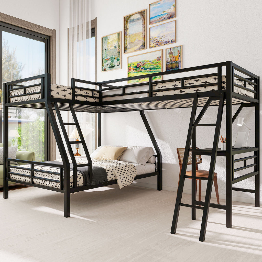 Twin over Full Bunk Bed with Loft and Desk, Metal Black, L-Shaped Design for 3 Sleepers - Grand Goldman Shop