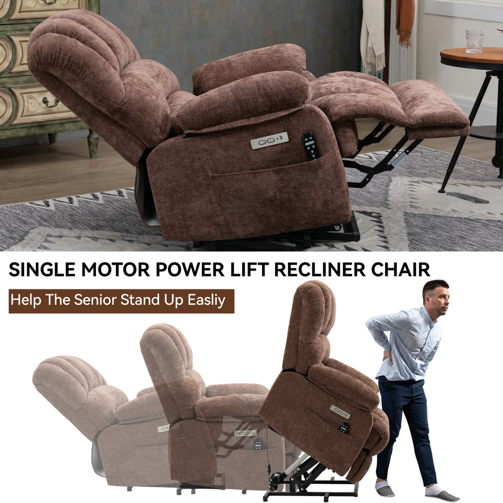 23' Seat Width and High Back Large Size Chenille Power Lift Recliner Chair with 8-Point Vibration Massage and Lumbar Heating, Brown - Grand Goldman Shop