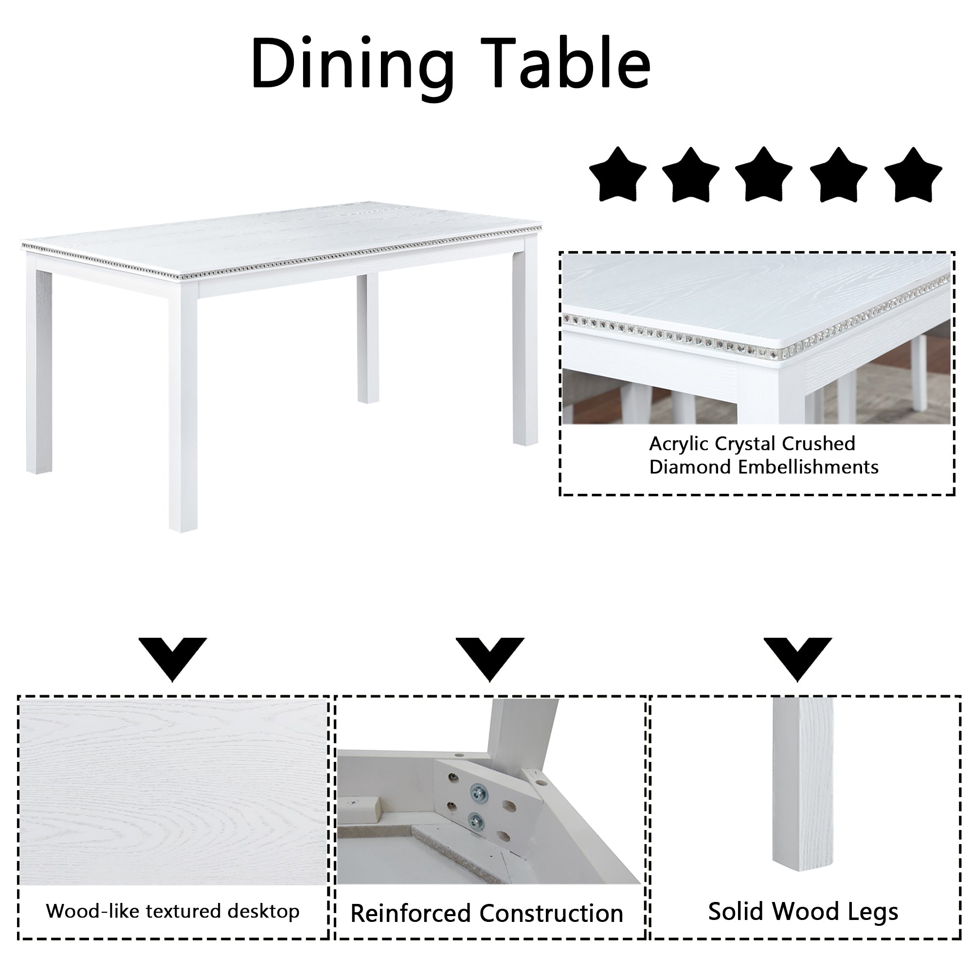 6 Piece Wooden Dining Table Set, Wooden Dining Table with 4 Upholstered Chairs and Bench for 6 People, Rectangular Dining Table Set with Crystal Decoration for Kitchen, Dining Room, White - Grand Goldman Shop