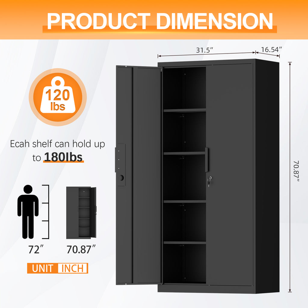 70-Inch Black 2-Door File Cabinet with Lock, 4 Adjustable Shelves, Heavy-Duty Steel Construction for Commercial and Home Offi