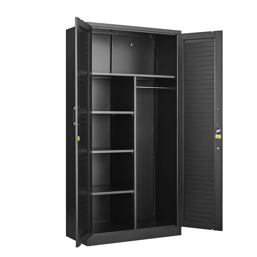 Wide & Deep Metal Storage Cabinet with Hanging Rod,Black Broom Closet Storage Cabinet with Lock, Tall Wardrobe Cabinets with 