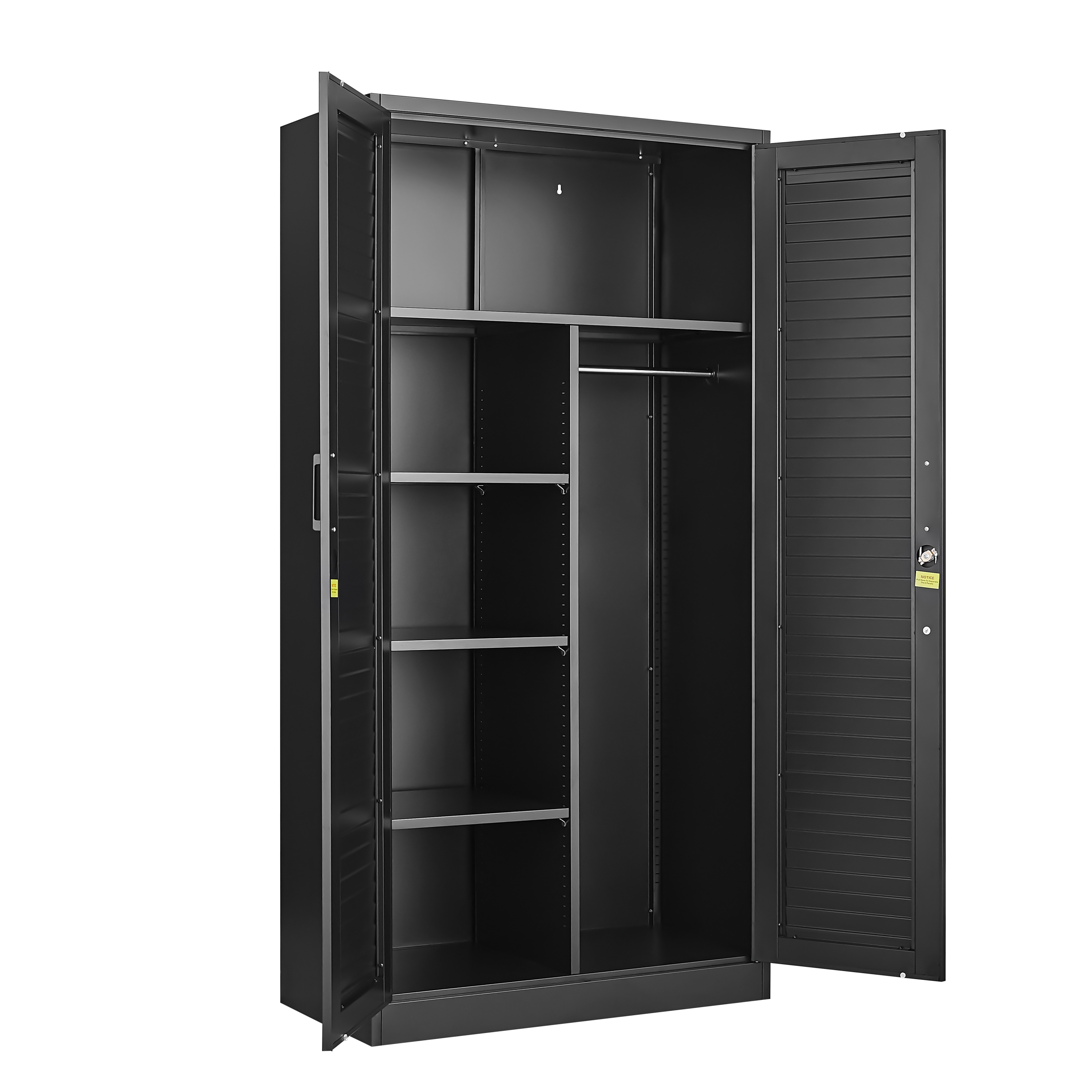 Wide & Deep Metal Storage Cabinet with Hanging Rod,Black Broom Closet Storage Cabinet with Lock, Tall Wardrobe Cabinets with 