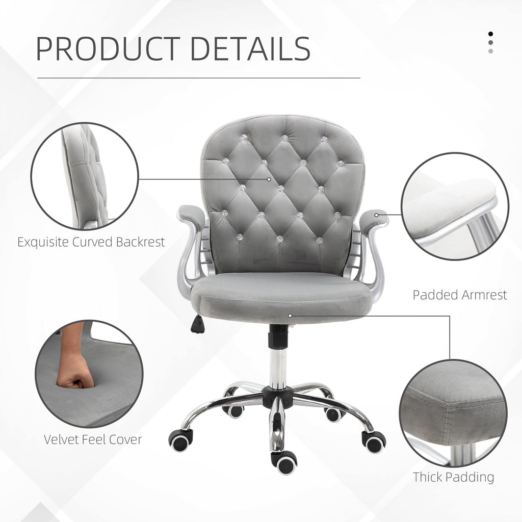 Velvet Home Office Chair, Button Tufted Desk Chair with Padded Armrests, Adjustable Height and Swivel Wheels, Gray - Grand Go