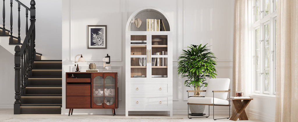 K&K 71' Tall Arched Kitchen Pantry Cabinet with 2 Large Drawers, Modern Farmhouse Kitchen Storage Cabinets with Adjustable Shelves, Glass Door, Wood Versatile Cupboard for Kitchens, Dining Room, White - Grand Goldman Shop