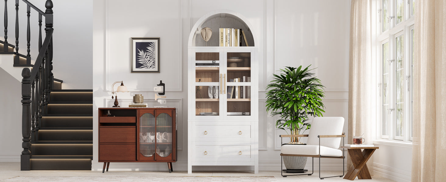 K&K 71' Tall Arched Kitchen Pantry Cabinet with 2 Large Drawers, Modern Farmhouse Kitchen Storage Cabinets with Adjustable Shelves, Glass Door, Wood Versatile Cupboard for Kitchens, Dining Room, White - Grand Goldman Shop