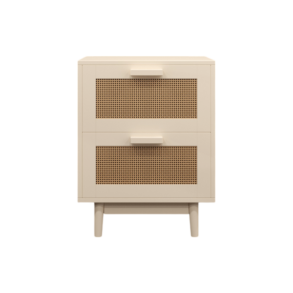 Rattan Nightstand with Wood Finish and 2 Faux Rattan Drawers, Antique Natural Color, Storage Side Table for Bedroom or Living Room - Grand Goldman Shop