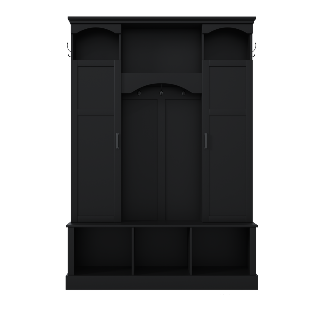 ON-TREND Modern All-in-One Hall Tree with Adjustable Shelves, Classic Arched Farmhouse Storage Bench with Dual Side Cabinets, Elegant Entryway Organizer with 7 Hooks for Mudroom, Hallway, Black - Grand Goldman Shop