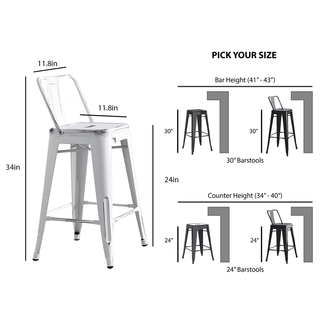 Modern Light Weight Industrial Contemporary Rustic Vintage Costal Metal Barstools with Bucket Back and 4 Leg Design, Seat Bar