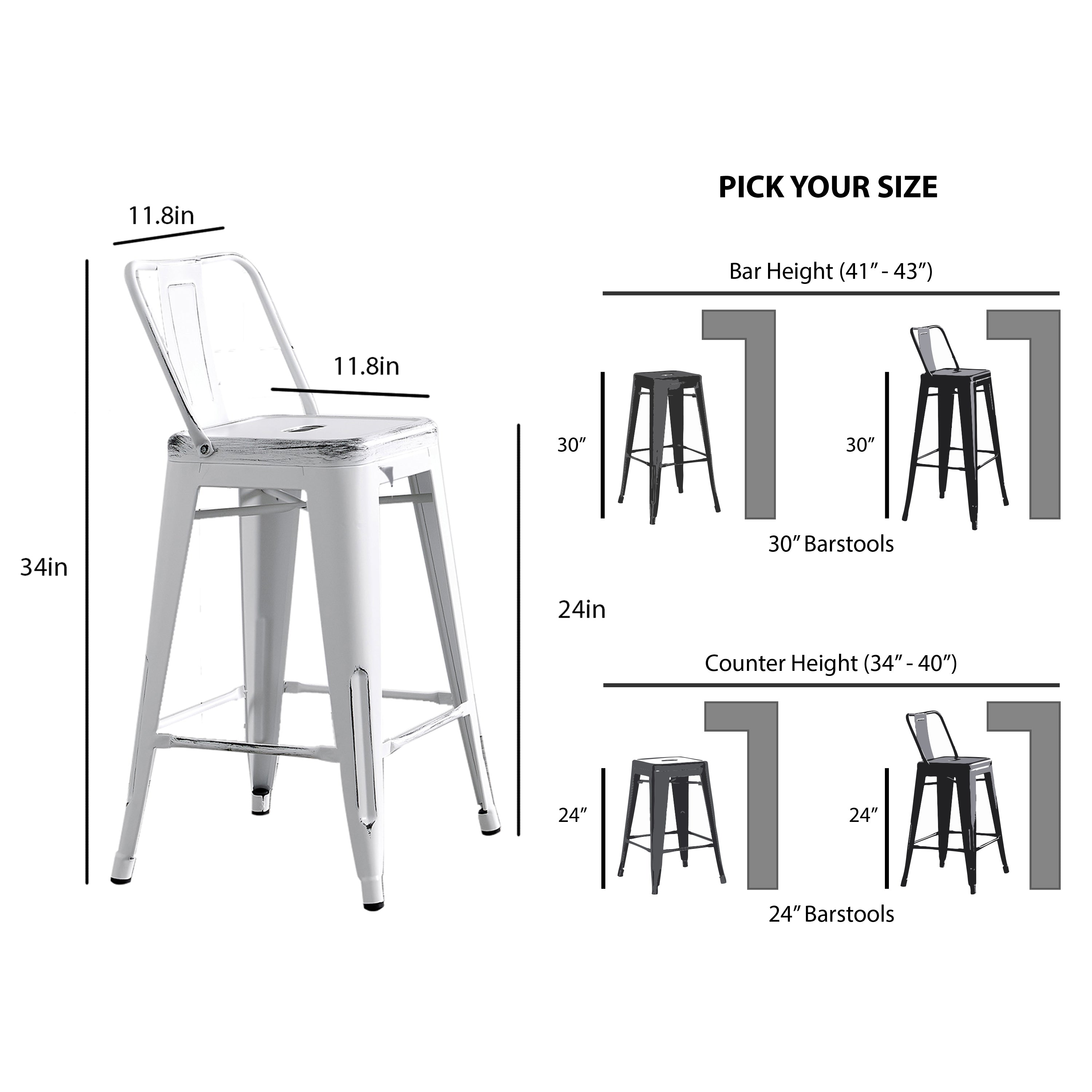 Modern Light Weight Industrial Contemporary Rustic Vintage Costal Metal Barstools with Bucket Back and 4 Leg Design, Seat Bar