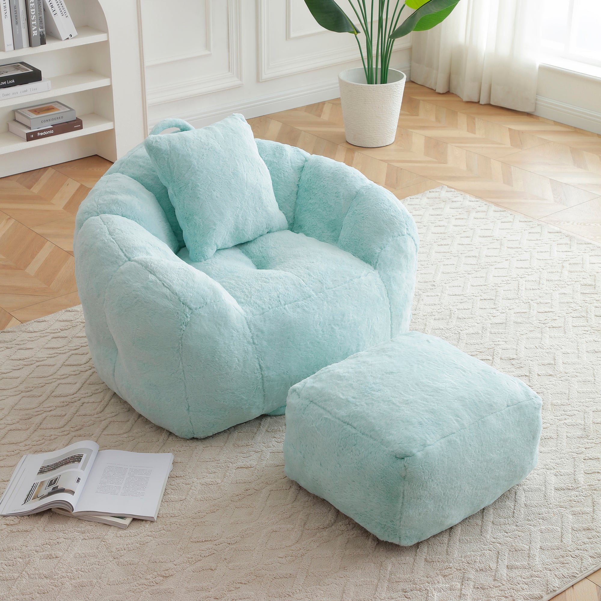 Giant Bean Bag Chair withFootstool, Oversized Bean Bag  for Adults and Kids, Faux Fur Shell-Shaped Large Chair with Filler, Stuffed Big Accent Sofa,  Floor Sofa for Gaming,Reading Living Room Bedroom - Grand Goldman Shop