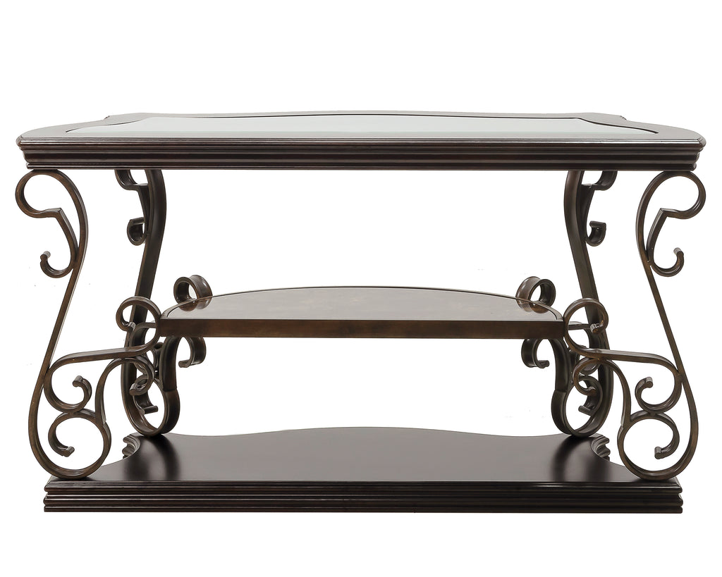 Sofa Table, Glass table top, MDF W/marble paper middle shelf, powder coat finish metal legs. (54'Lx20'Wx30'H) - Grand Goldman Shop