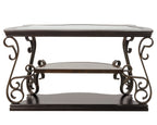 Sofa Table, Glass table top, MDF W/marble paper middle shelf, powder coat finish metal legs. (54'Lx20'Wx30'H) - Grand Goldman Shop