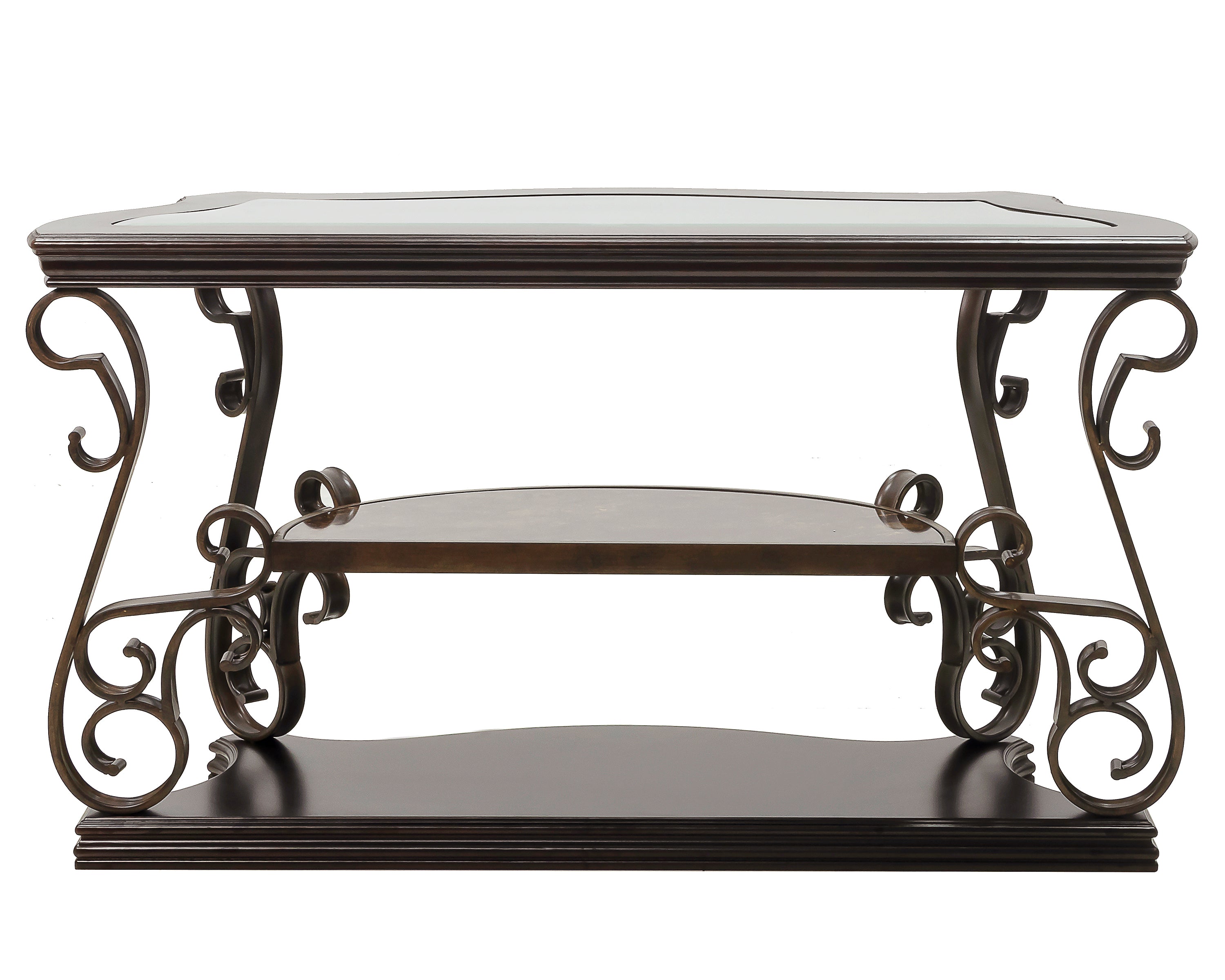 Sofa Table, Glass table top, MDF W/marble paper middle shelf, powder coat finish metal legs. (54'Lx20'Wx30'H) - Grand Goldman Shop