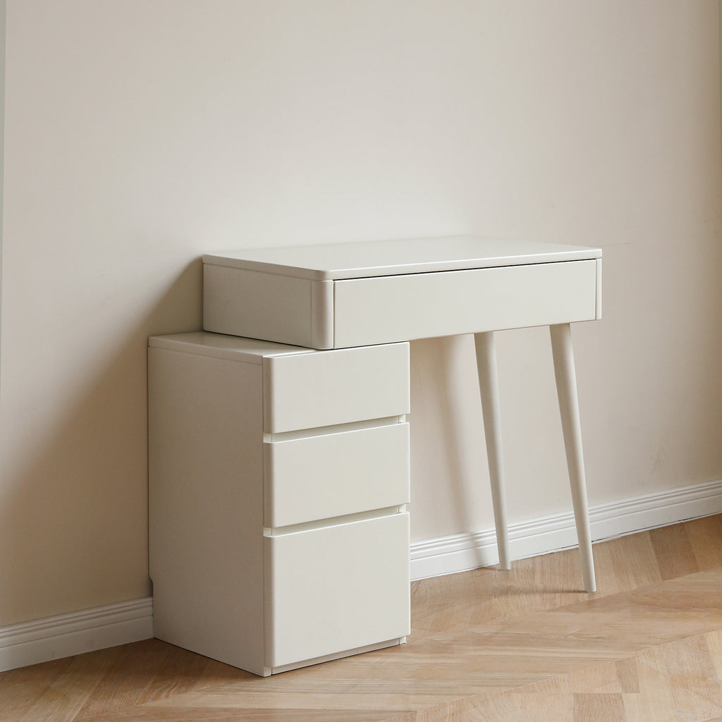Elegant White Liriodendron Chinense Dresser Table with Stool, 100% Solid Wood, Compact Storage, 80cm Width - Grand Goldman Shop