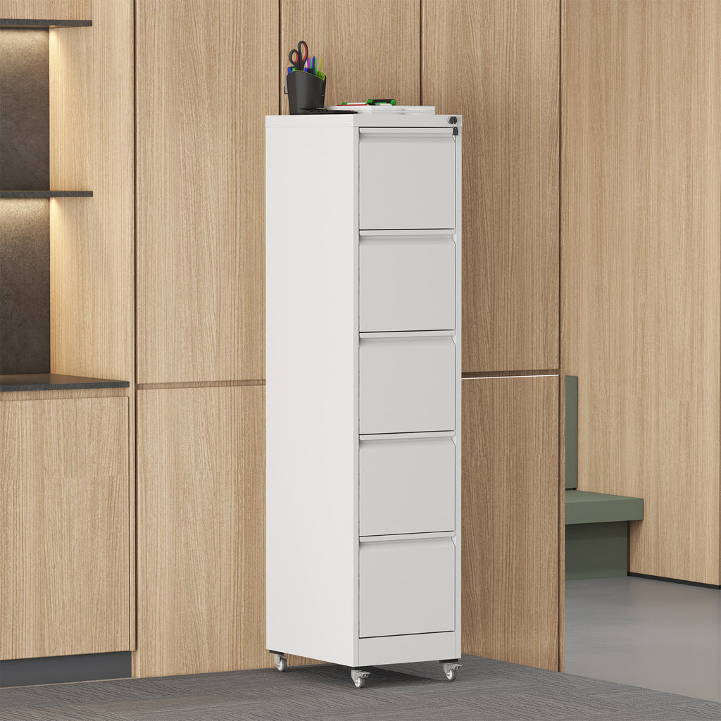 Heavy Duty 5 Drawer Metal Vertical File Cabinet with Lock and Wheels for Home Office, White, 17.72'D x 14.96'W x 64.21'H | Pr