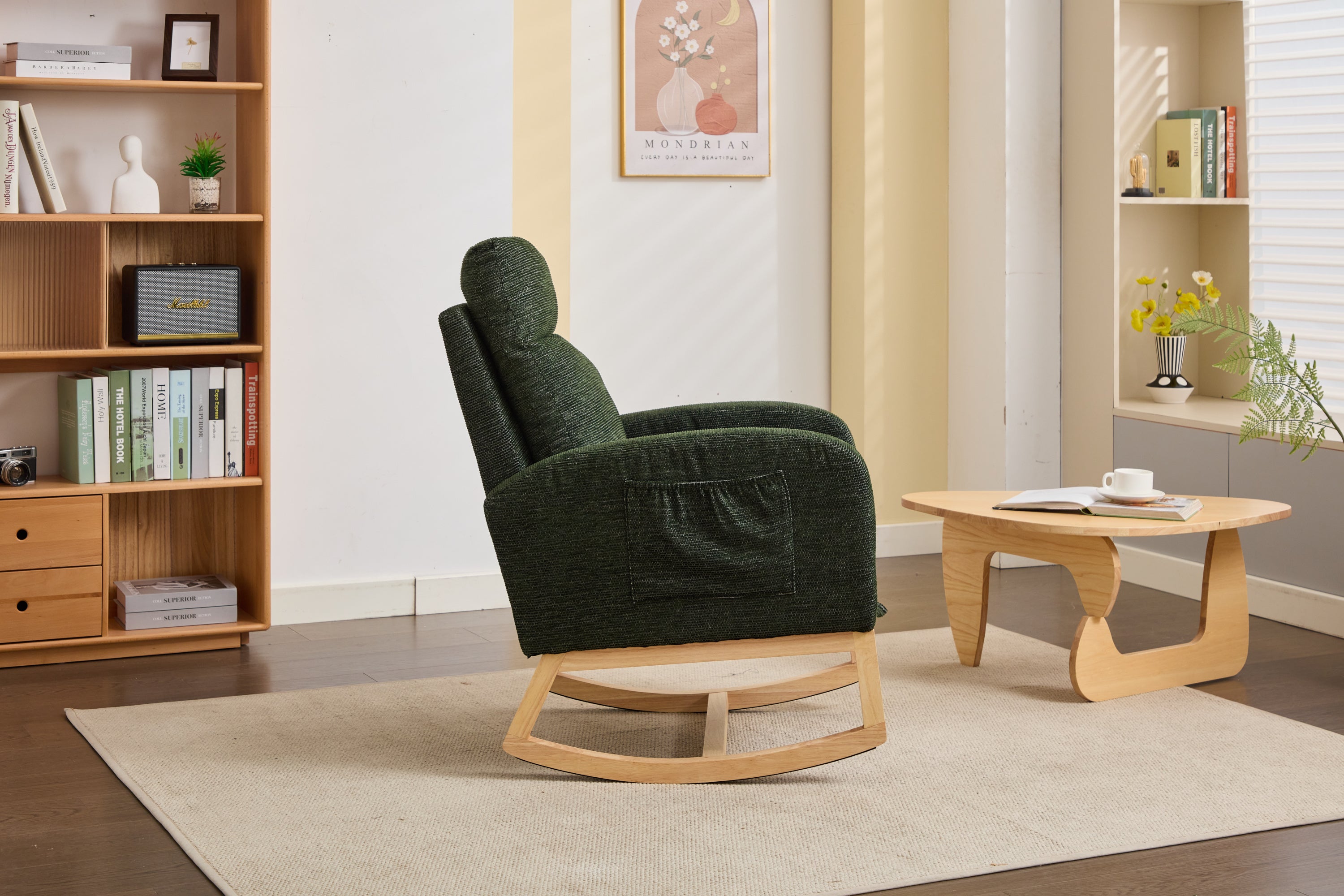 Modern Accent Rocking Chair Rocking Chair with Solid Wood Legs, Upholstered Nursery Glider Rocker, Comfy Armchair with Side Pocket, Living Room Lounge Arm Chair with High Backrest fabric - Grand Goldman Shop