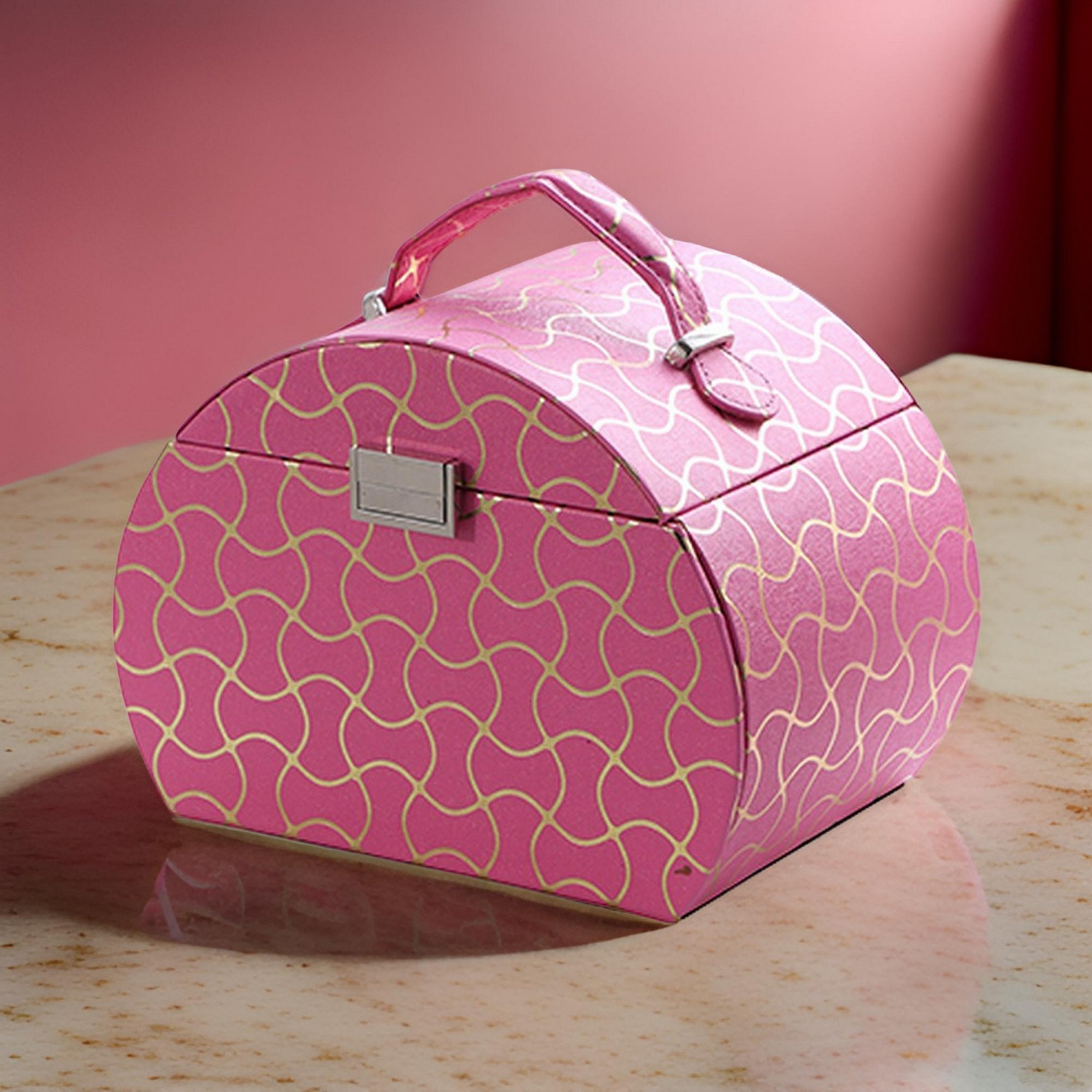 Travel Jewelry Case with 2 Drawer Storage and Wavy Textured Pattern, Pink - Grand Goldman Shop