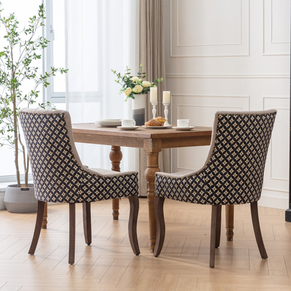 A&A Furniture, Ultra Side Dining Chair, Thickened fabric chairs with neutrally toned solid wood legs, Bronze nail head, Set of 2, Beige and Patterned,SW2207BG - Grand Goldman Shop