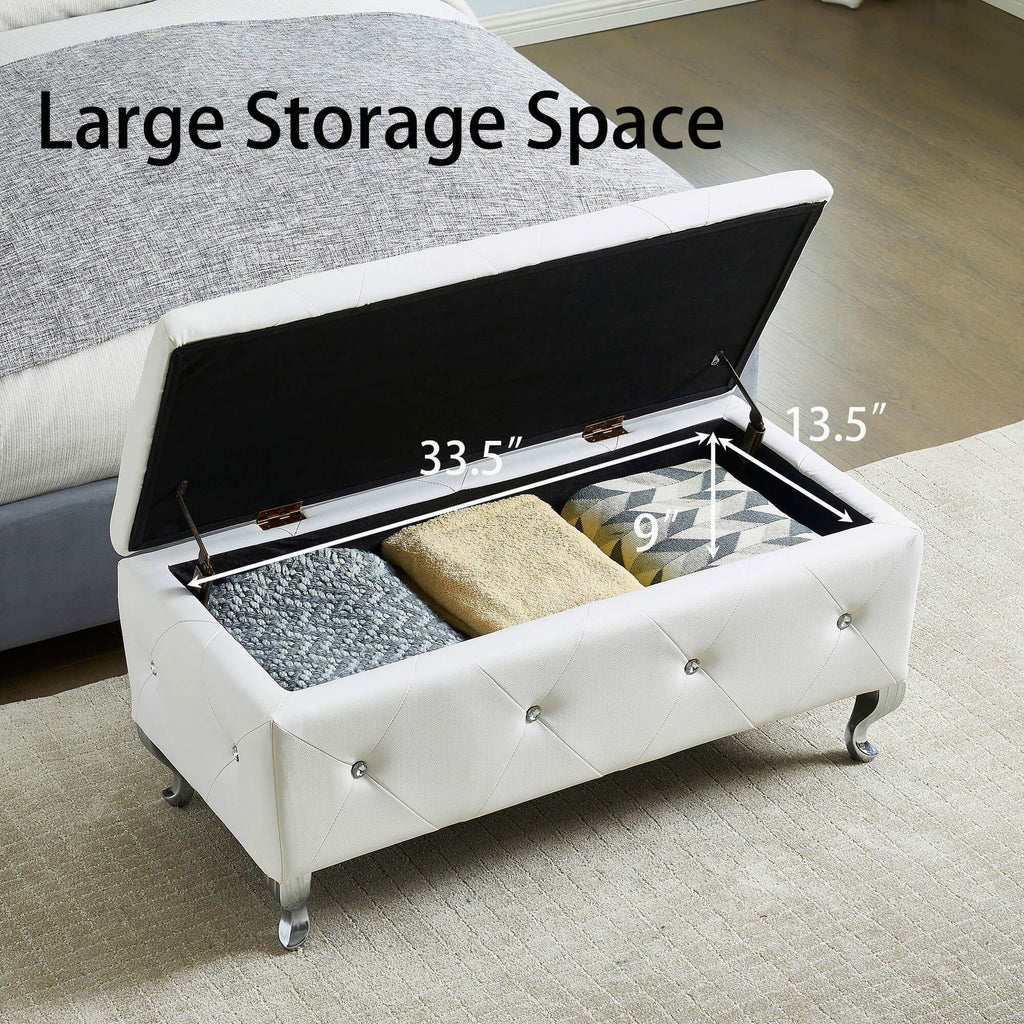 Upholstered Storage Ottoman Bench For Bedroom End Of Bed Faux Leather Rectangular Storage Benches Footrest With Crystal Buttons For Living Room Entryway (White) - Grand Goldman Shop