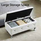 Upholstered Storage Ottoman Bench For Bedroom End Of Bed Faux Leather Rectangular Storage Benches Footrest With Crystal Buttons For Living Room Entryway (White) - Grand Goldman Shop