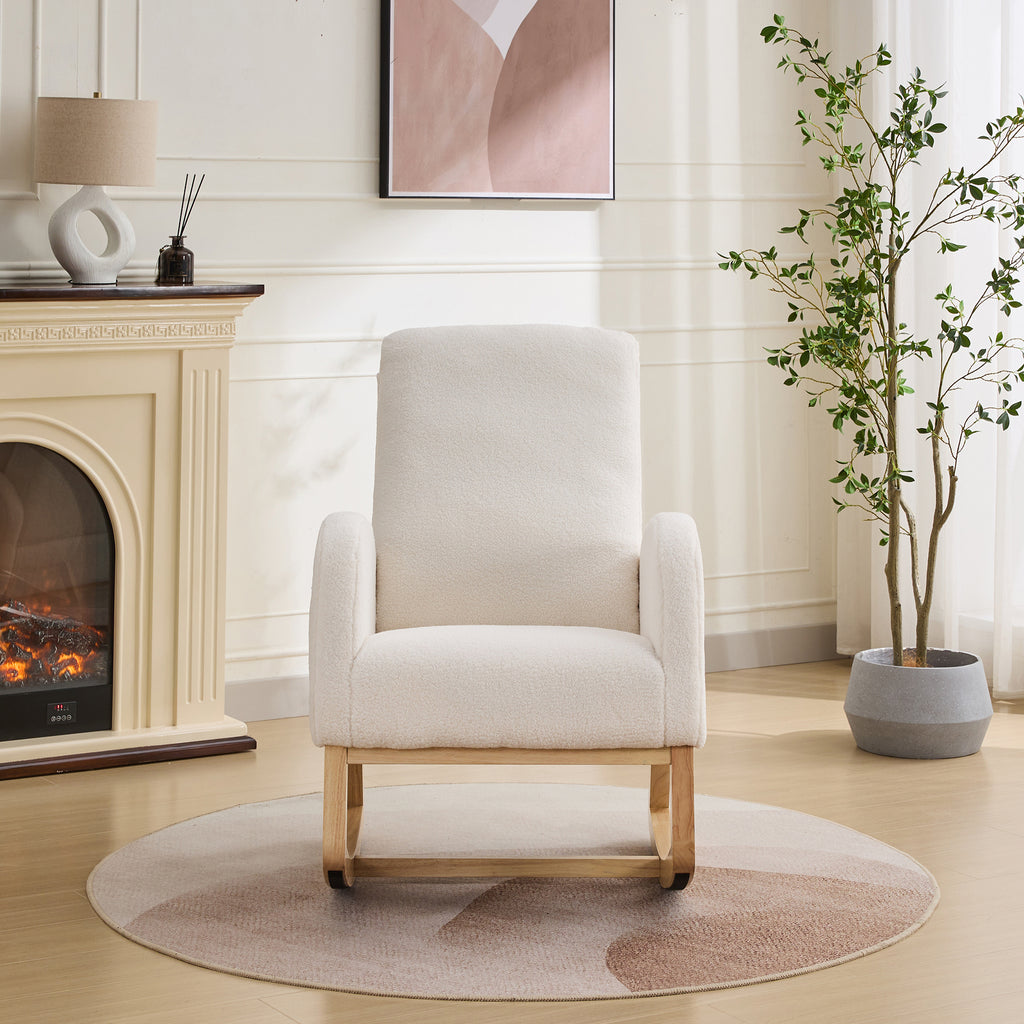 27.2'W Rocking Chair for Nursery, Sherpa Glider Chair with High Back and Side Pocket, Rocking Accent Armchair with Rubber Wood Legs for Living Room/Bedroom.Ivory - Grand Goldman Shop