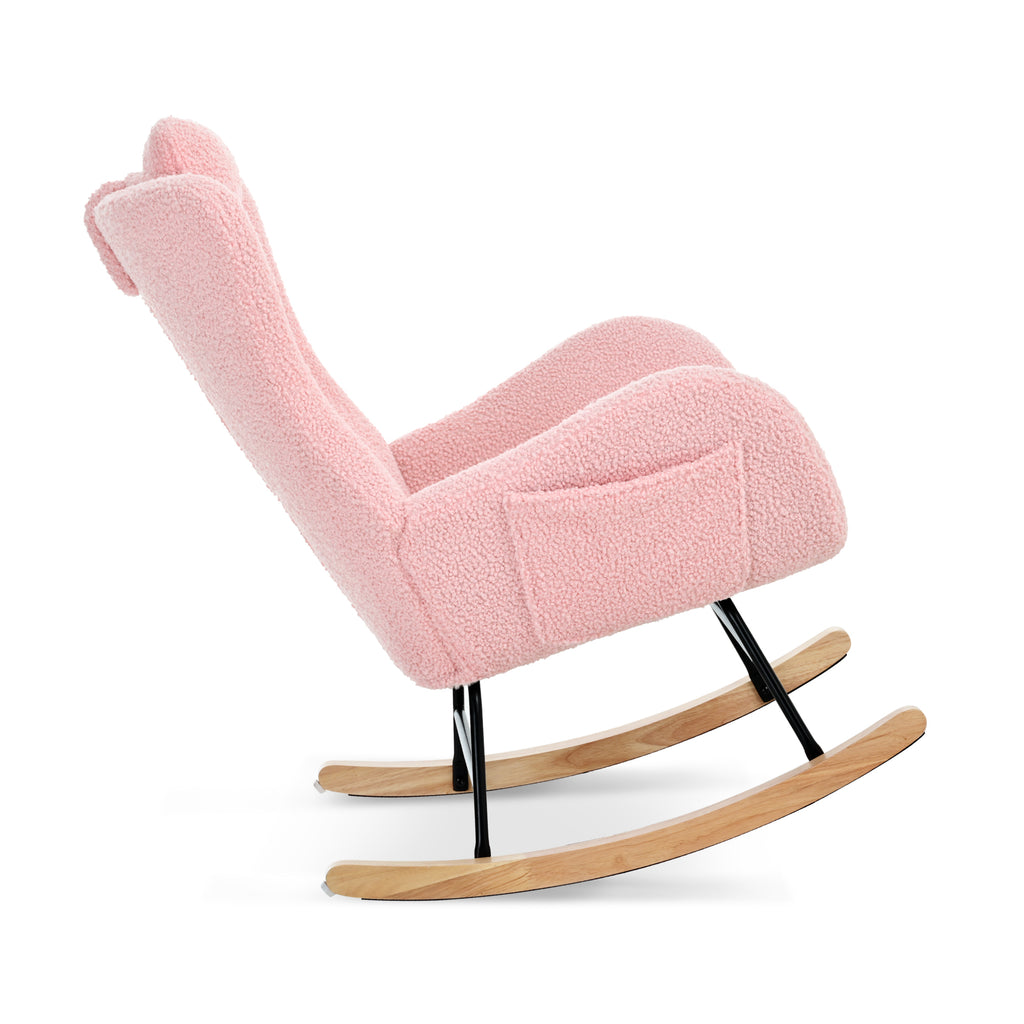 Rocking Chair Nursery, Teddy Upholstered Rocker Glider Chair with High Backrest, Adjustable Headrest & Pocket, Comfy Glider Chair for Nursery, Bedroom, Living Room, Offices, Rubber wood, pink - Grand Goldman Shop