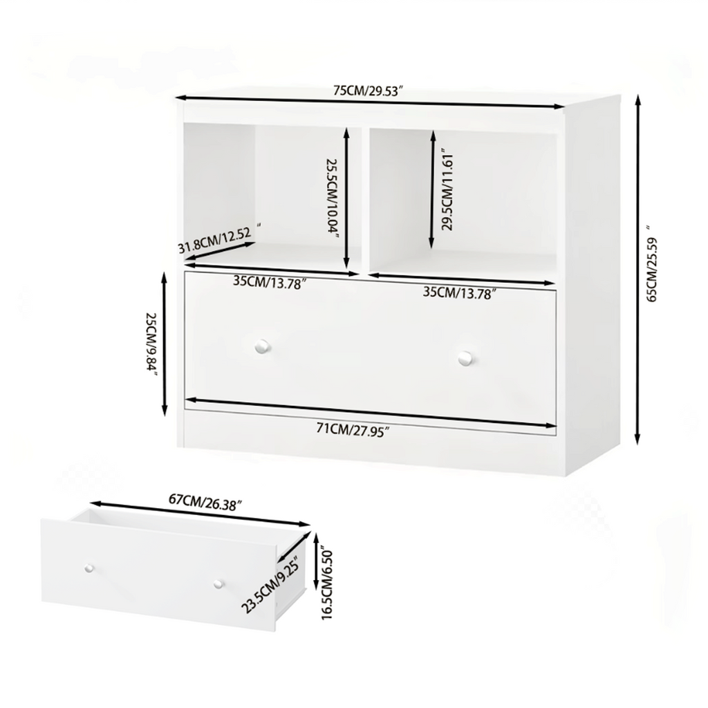 White Wooden Kids Toy Storage Organizer with Large Drawer and Low Bookshelf for Nursery & Playroom, Engineered Wood Cabinet f