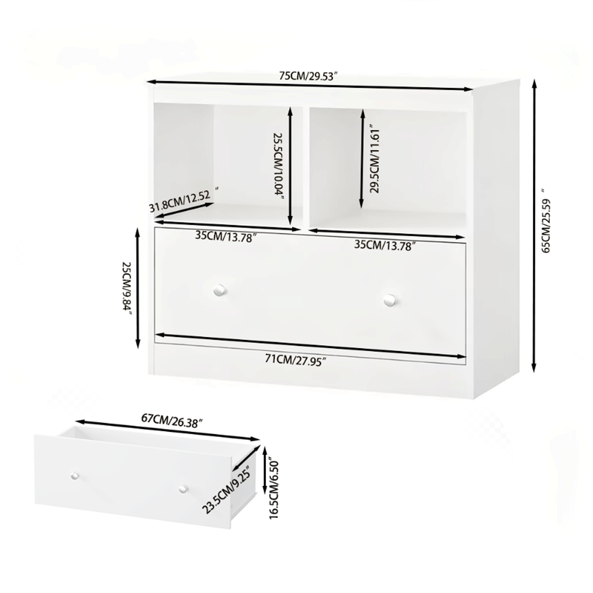 White Wooden Kids Toy Storage Organizer with Large Drawer and Low Bookshelf for Nursery & Playroom, Engineered Wood Cabinet f