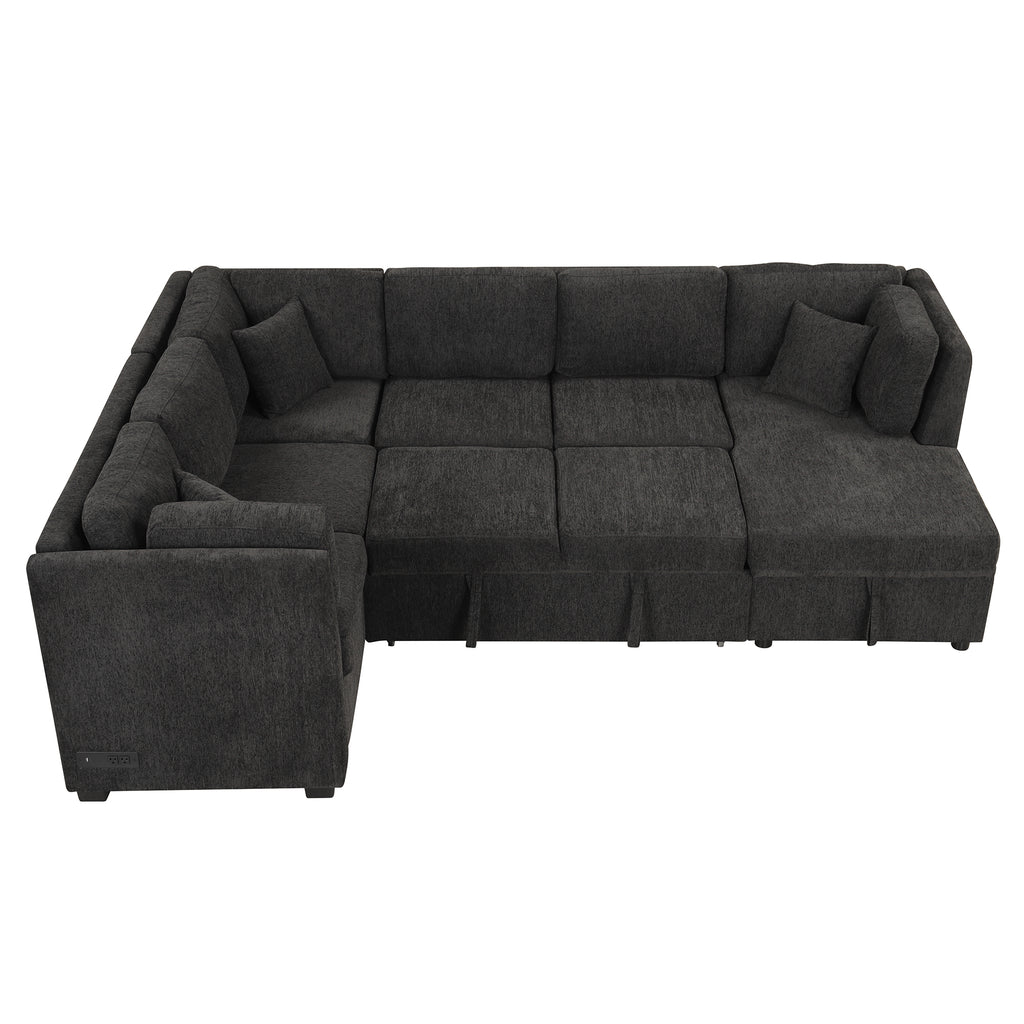 U-shaped Sectional Sofa Pull Out Bed with USB Ports, Power Sockets, Back Pillows & Storage Chaise, Black Chenille, 108.6' - Grand Goldman Shop