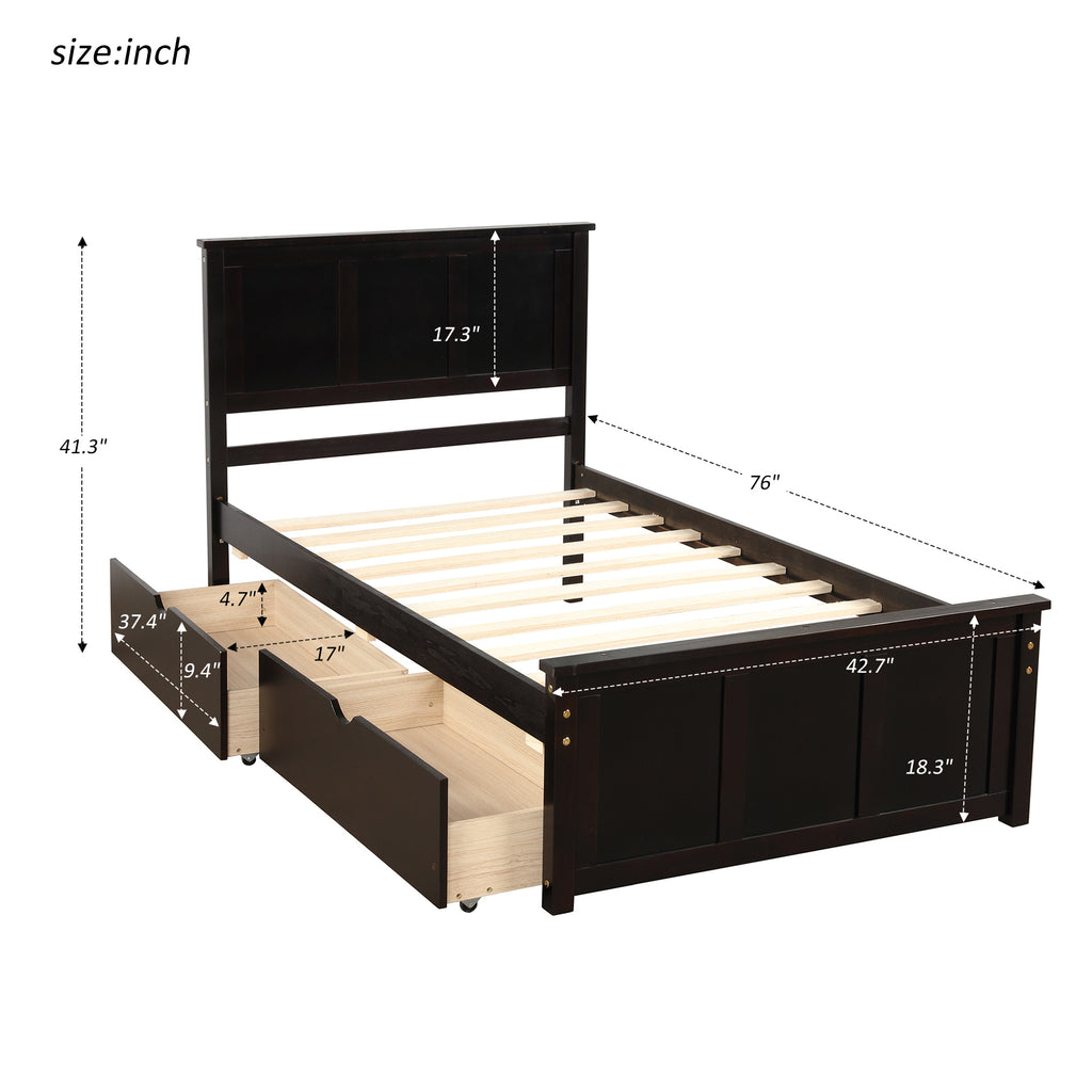 Espresso Platform Storage Bed with 2 Wheel-Base Drawers, Twin Size Frame, Pine Wood and MDF Construction - Grand Goldman Shop