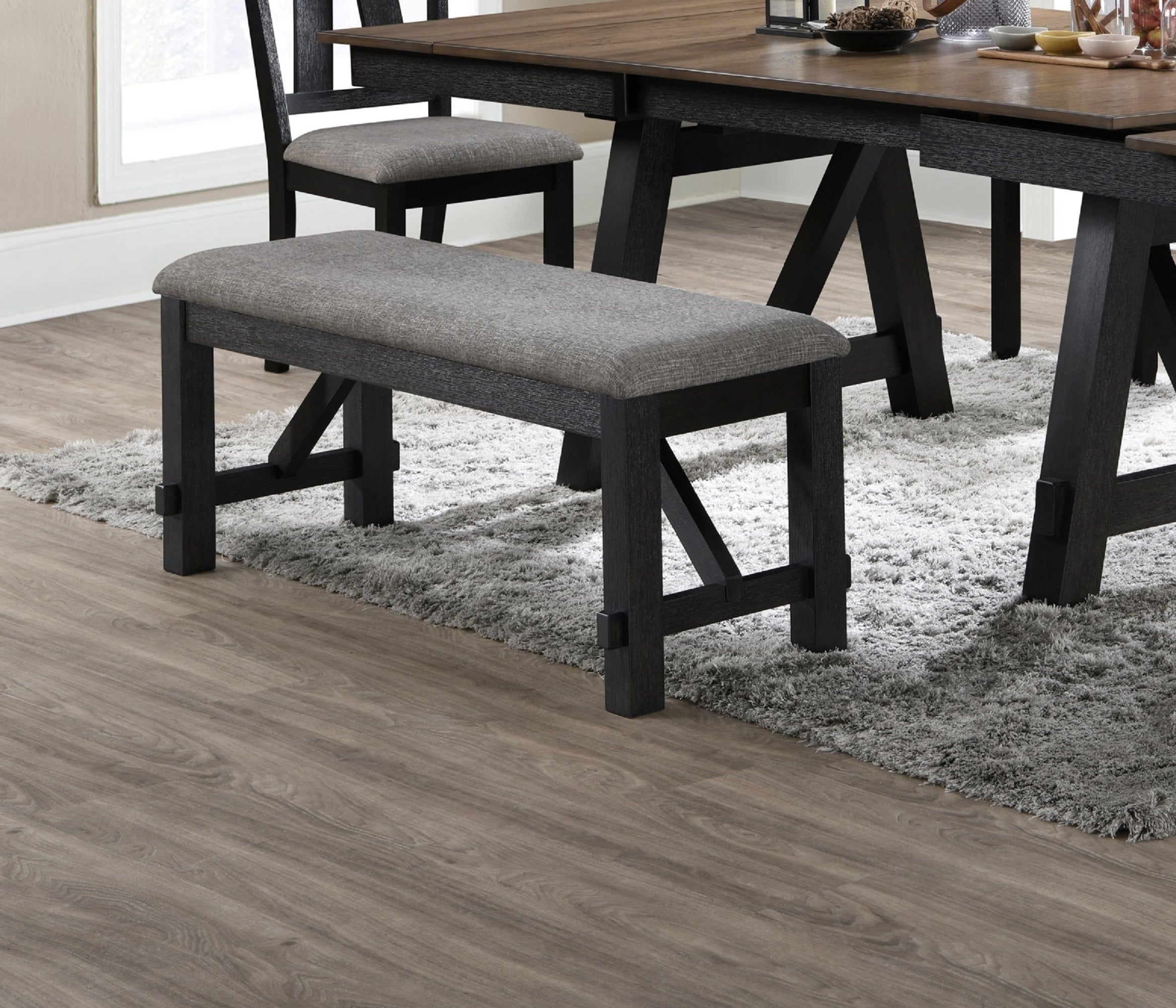 Cottage Style 1pc Upholstered Seat Wheat Charcoal Finish Bench Dining Room Bedroom Wooden Furniture Standard Height - Grand Goldman Shop
