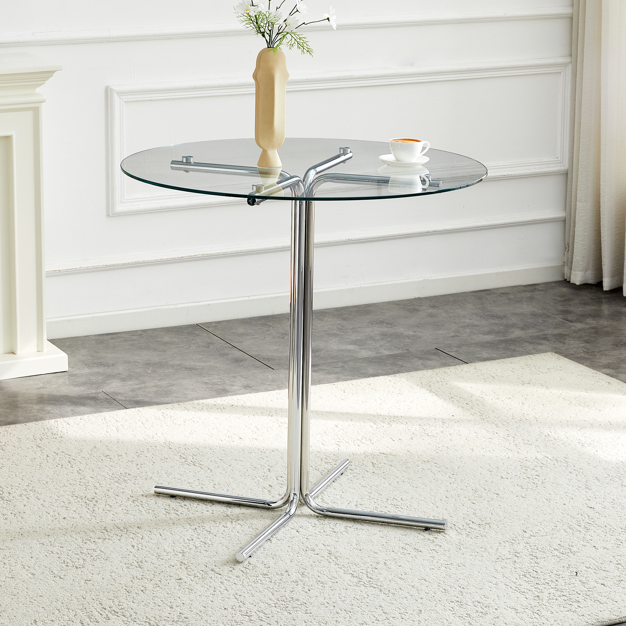 Round glass bar high table, 36 inch round bar table, tempered glass tabletop, sturdy silver chrome plated four column support, suitable for transparent round bar tables in small spaces, kitchens - Grand Goldman Shop
