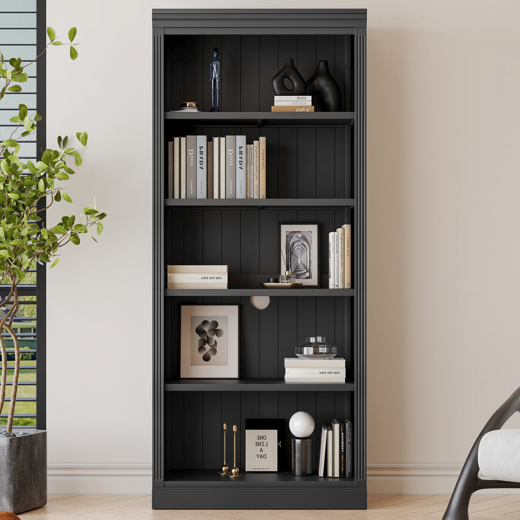 83.4' Tall Wood Bookcase with light strip,5-Tier Decor Bookshelves with Adjustable Shelves,Storage Organizer for CDs/Books/Mo