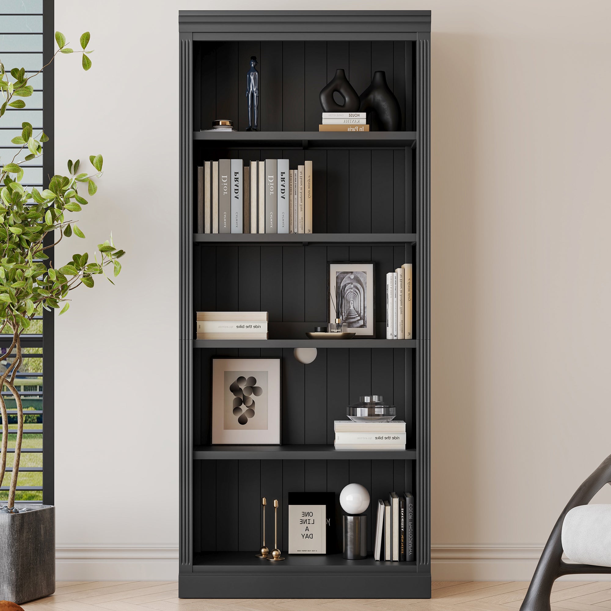 83.4' Tall Wood Bookcase with light strip,5-Tier Decor Bookshelves with Adjustable Shelves,Storage Organizer for CDs/Books/Mo