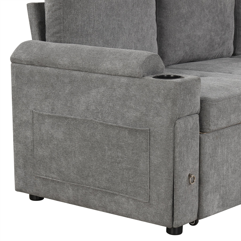 Modern L-shaped Convertible Sofa Bed with Storage, Cup Holders, USB Ports, Gray Chenille, 83.5' - Grand Goldman Shop