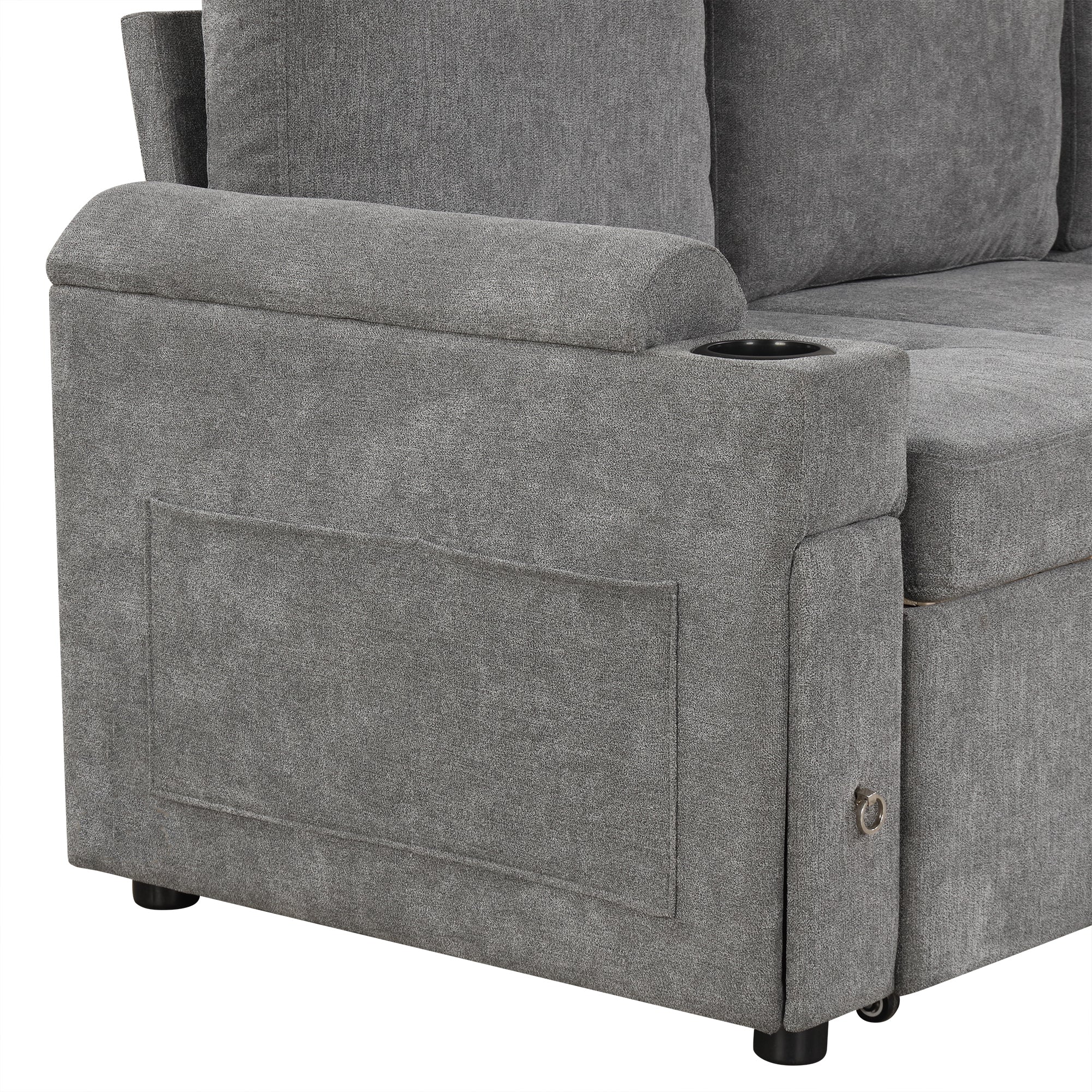 Modern L-shaped Convertible Sofa Bed with Storage, Cup Holders, USB Ports, Gray Chenille, 83.5' - Grand Goldman Shop